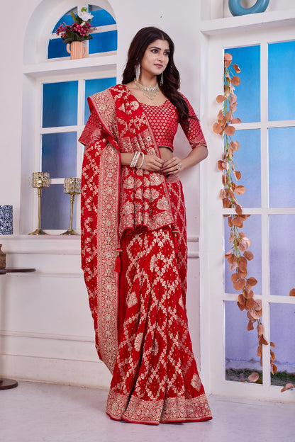 ❤️ Troika Fashion – Classic Bridal Red Chinon Meena Weaving Saree with Zarkan & Dabka Handwork