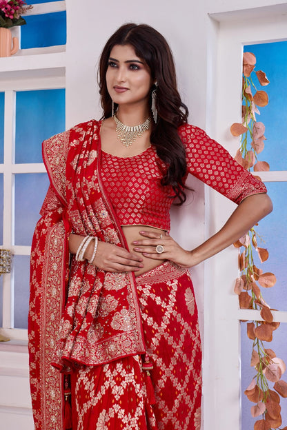 ❤️ Troika Fashion – Classic Bridal Red Chinon Meena Weaving Saree with Zarkan & Dabka Handwork