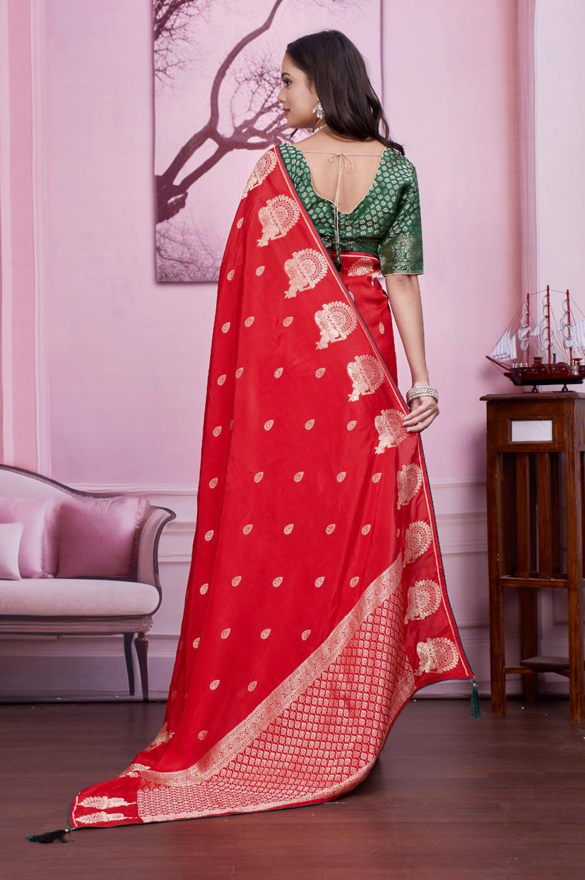 ❤️ Troika Fashion – Classic Festive Red Dola Silk Weaving Zari Saree