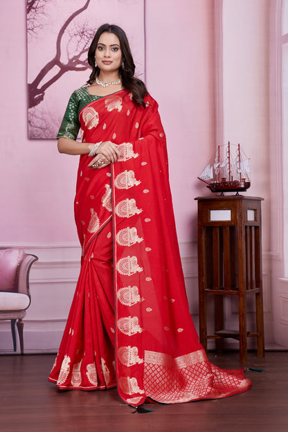 ❤️ Troika Fashion – Classic Festive Red Dola Silk Weaving Zari Saree