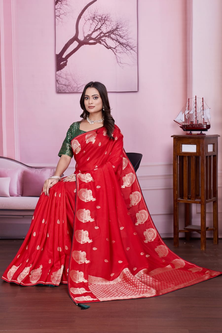 ❤️ Troika Fashion – Classic Festive Red Dola Silk Weaving Zari Saree