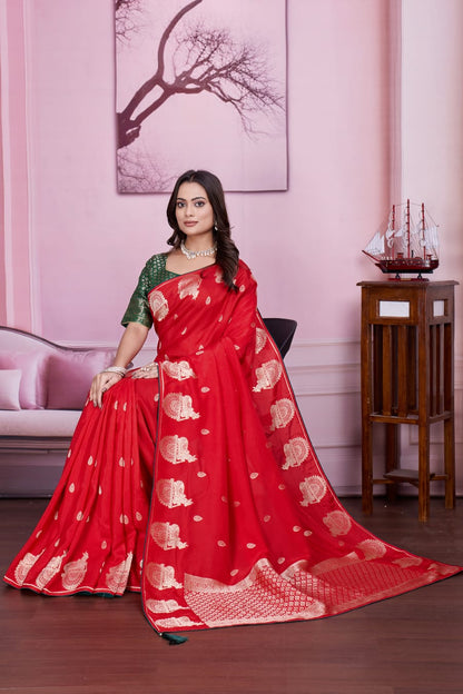 ❤️ Troika Fashion – Classic Festive Red Dola Silk Weaving Zari Saree
