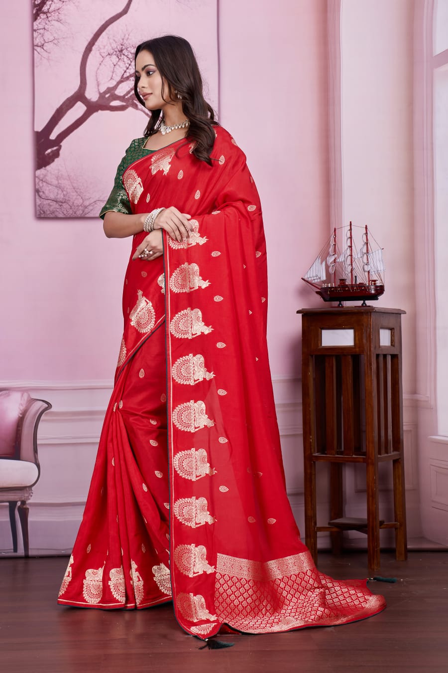 ❤️ Troika Fashion – Classic Festive Red Dola Silk Weaving Zari Saree