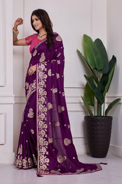 💜 Troika Fashion – Purple Dola MX Handwork Saree