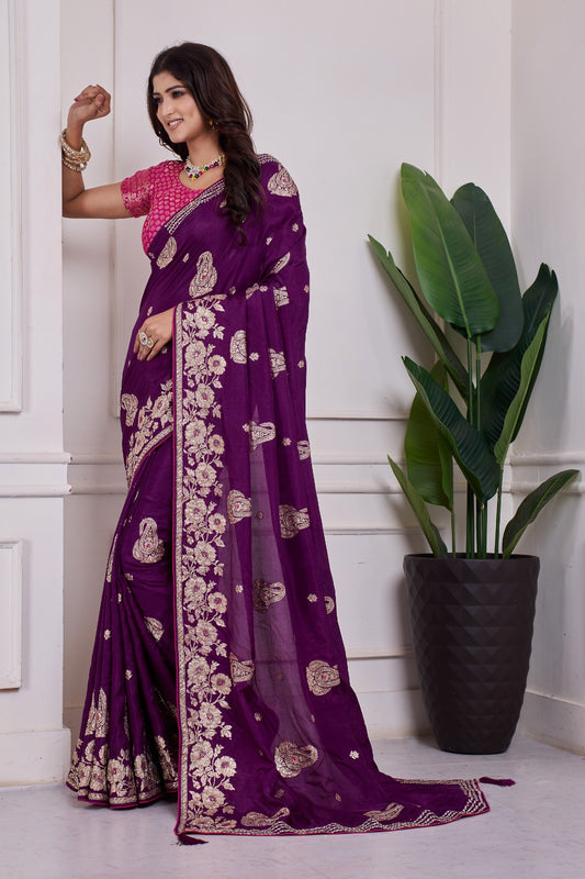 💜 Troika Fashion – Purple Dola MX Handwork Saree