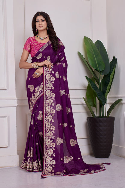 💜 Troika Fashion – Purple Dola MX Handwork Saree