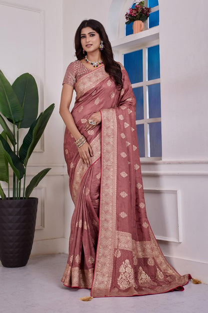 🌸 Troika Fashion – Dusty Rose Dola Silk Sirozski Saree