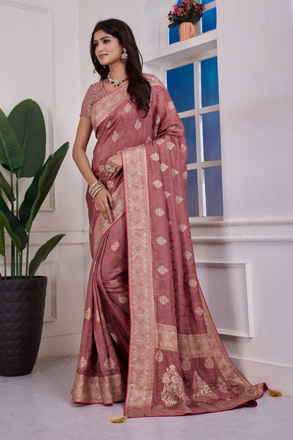 🌸 Troika Fashion – Dusty Rose Dola Silk Sirozski Saree