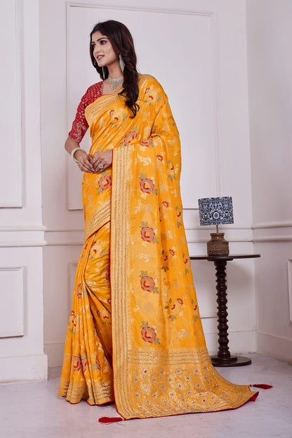 💛 Troika Fashion – Festive Haldi Yellow Dola Silk Saree with Cutdana, Dabka & Meena Handwork