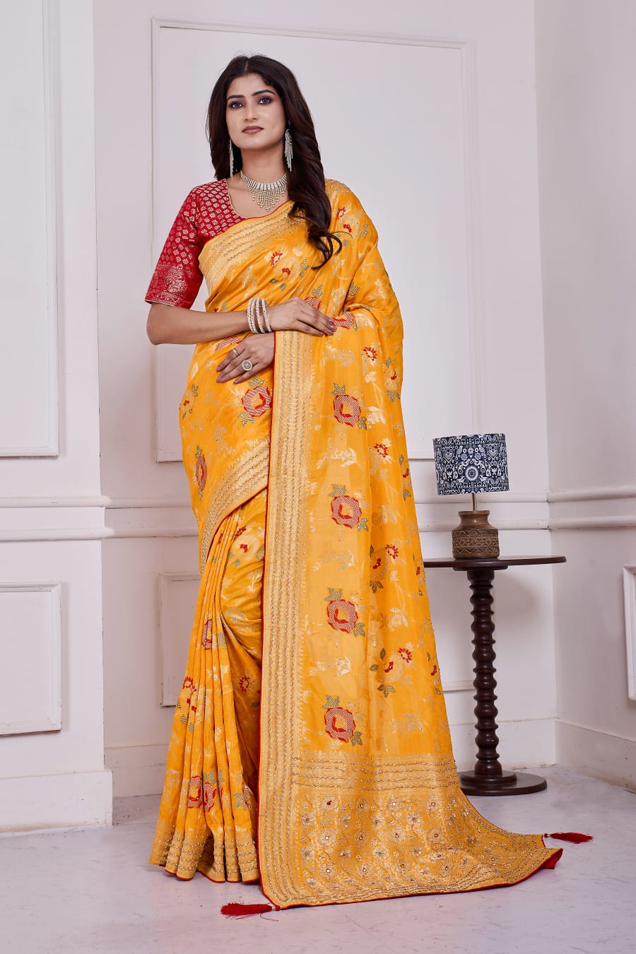 💛 Troika Fashion – Festive Haldi Yellow Dola Silk Saree with Cutdana, Dabka & Meena Handwork