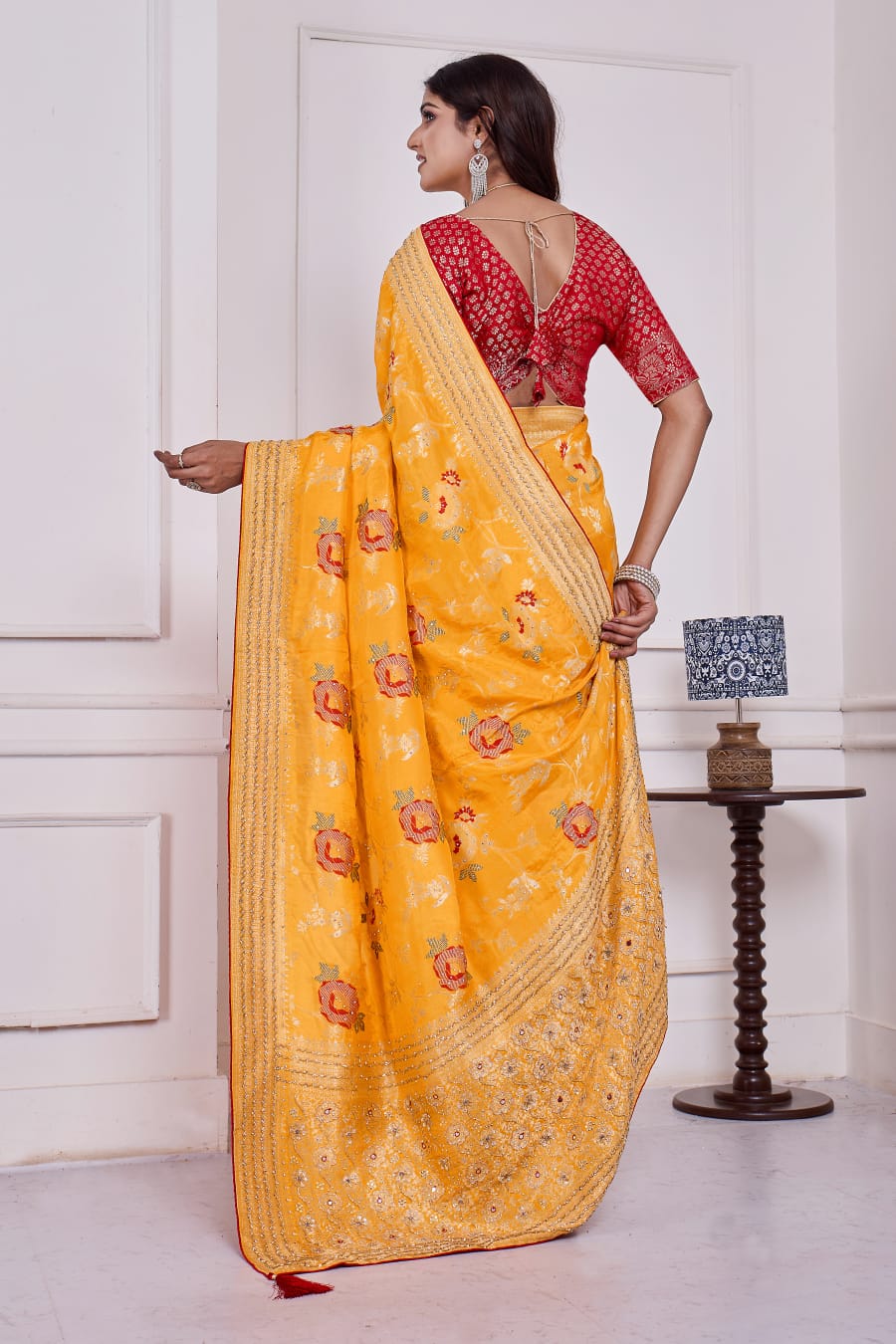 💛 Troika Fashion – Festive Haldi Yellow Dola Silk Saree with Cutdana, Dabka & Meena Handwork