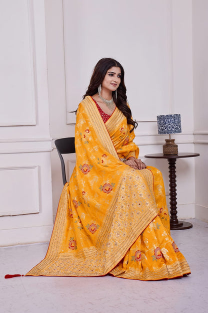 💛 Troika Fashion – Festive Haldi Yellow Dola Silk Saree with Cutdana, Dabka & Meena Handwork