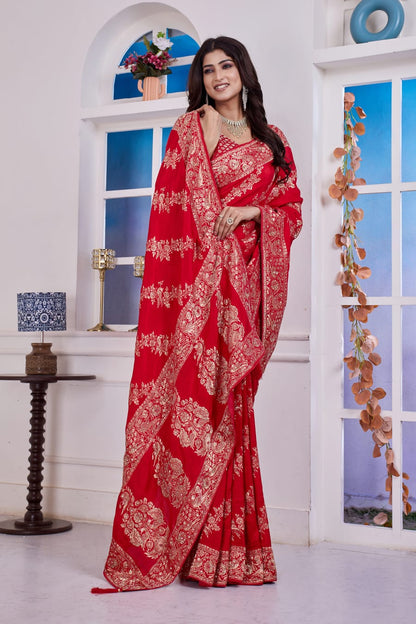 ❤️ Troika Fashion – Bridal Red Dola Silk Saree with Cutdana & Dabka Handwork