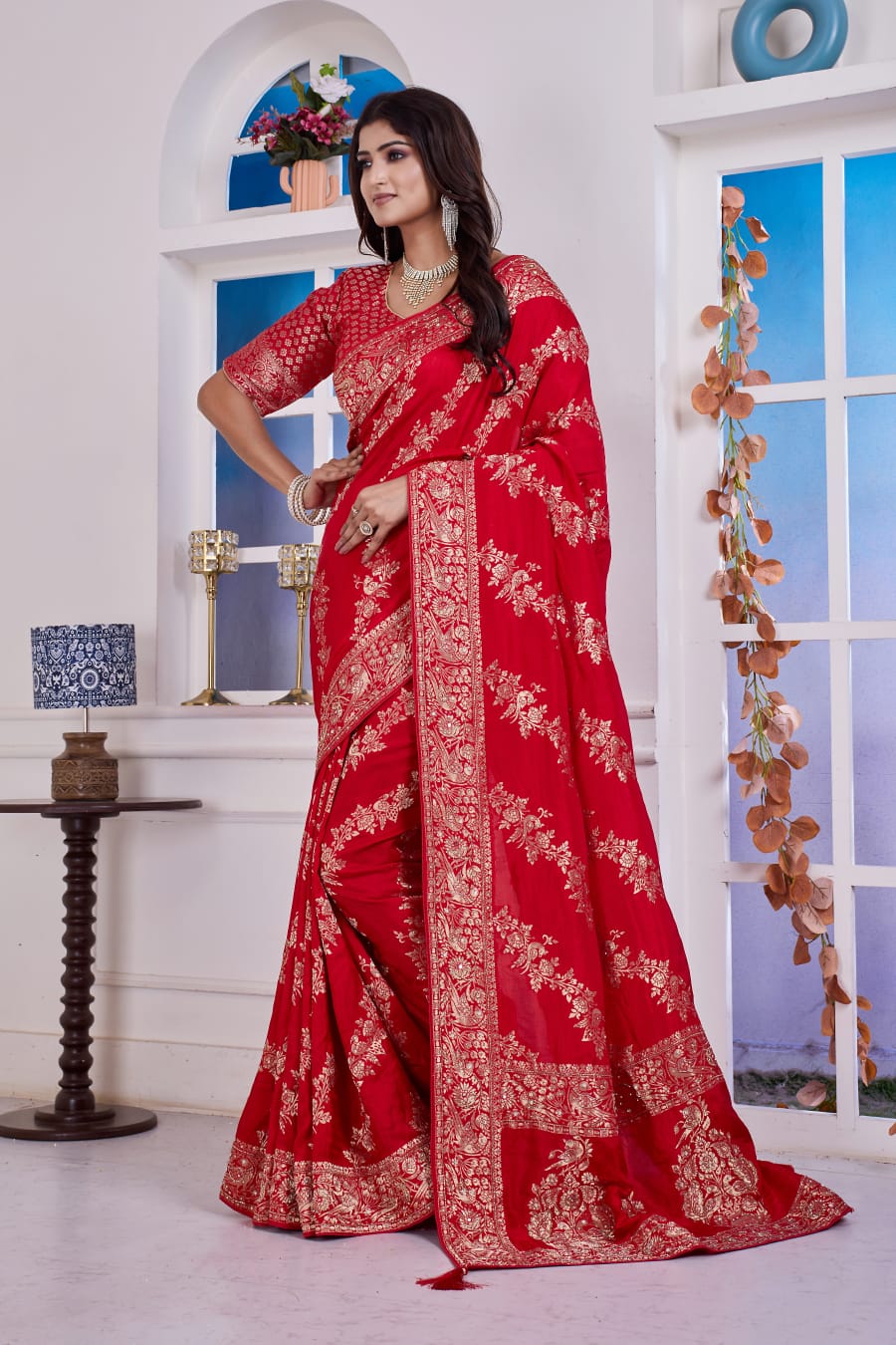 ❤️ Troika Fashion – Bridal Red Dola Silk Saree with Cutdana & Dabka Handwork
