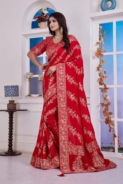 ❤️ Troika Fashion – Bridal Red Dola Silk Saree with Cutdana & Dabka Handwork