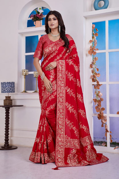 ❤️ Troika Fashion – Bridal Red Dola Silk Saree with Cutdana & Dabka Handwork
