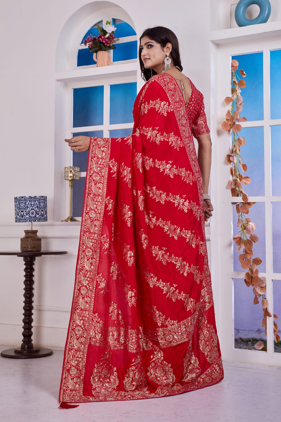 ❤️ Troika Fashion – Bridal Red Dola Silk Saree with Cutdana & Dabka Handwork
