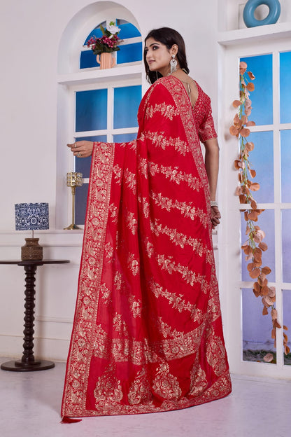 ❤️ Troika Fashion – Bridal Red Dola Silk Saree with Cutdana & Dabka Handwork