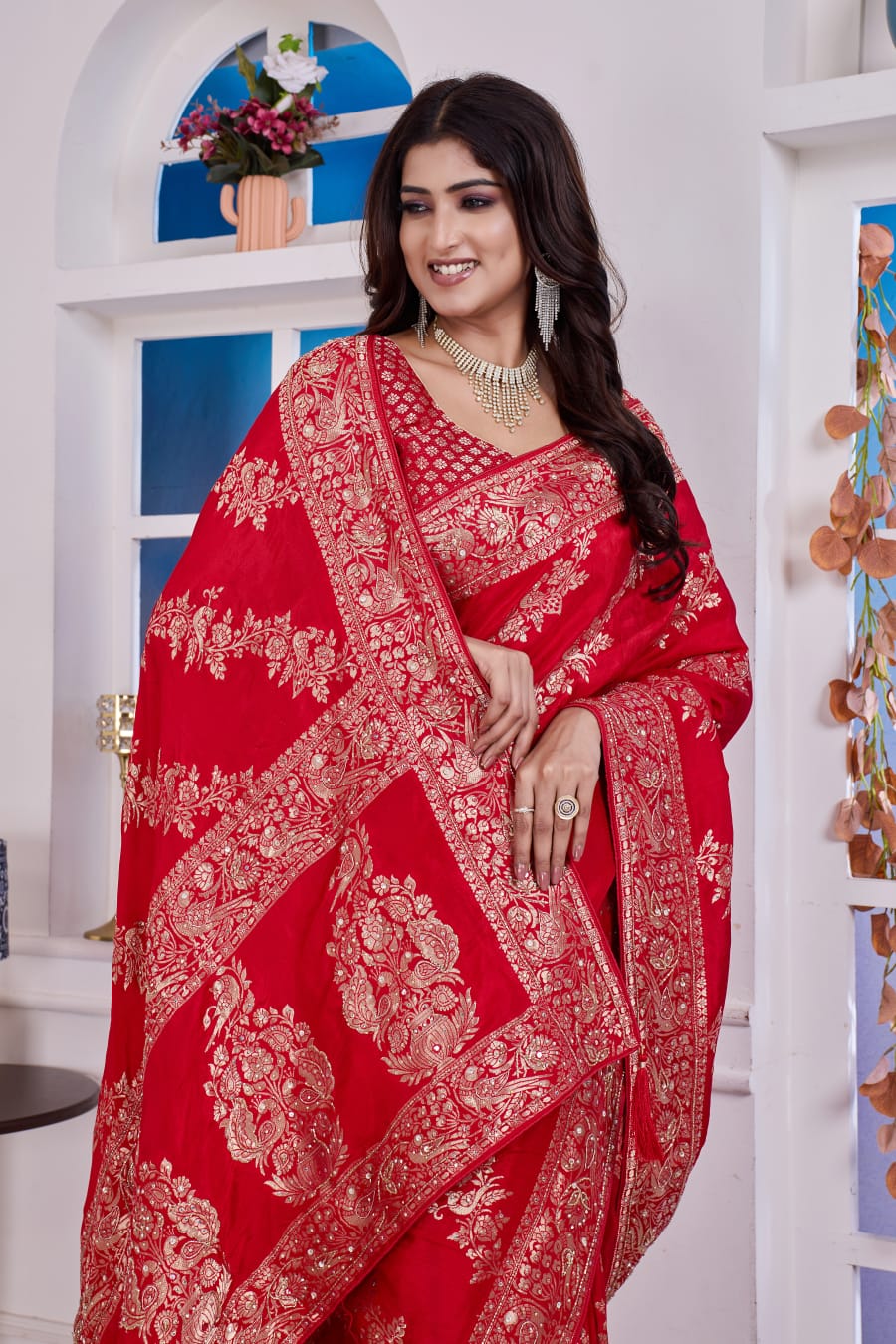 ❤️ Troika Fashion – Bridal Red Dola Silk Saree with Cutdana & Dabka Handwork