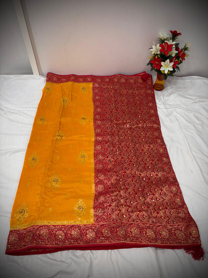 Troika Fashion – Mustard Yellow & Red Dola Silk Handwork Saree with Intricate Zari & Stone Detailing