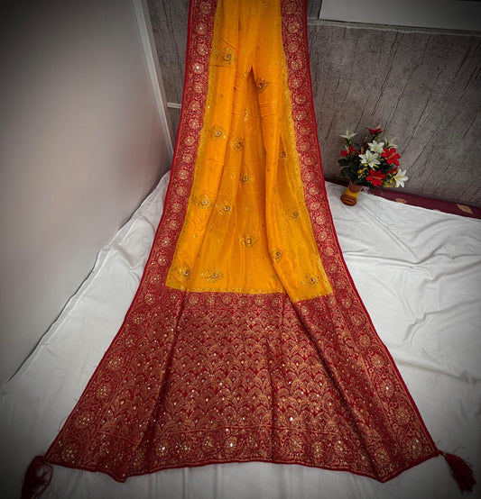 Troika Fashion – Mustard Yellow & Red Dola Silk Handwork Saree with Intricate Zari & Stone Detailing
