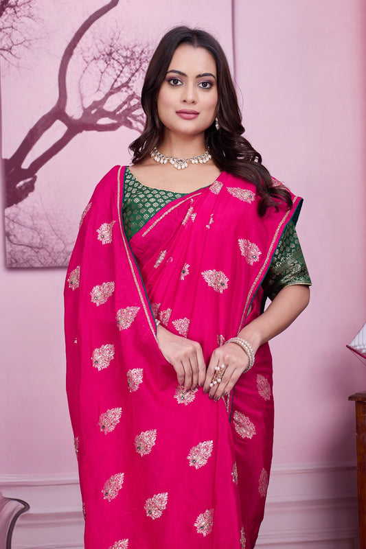 💗 Troika Fashion – Rani Pink Dola Silk MX Buta with Cutdana & Mirror Handwork