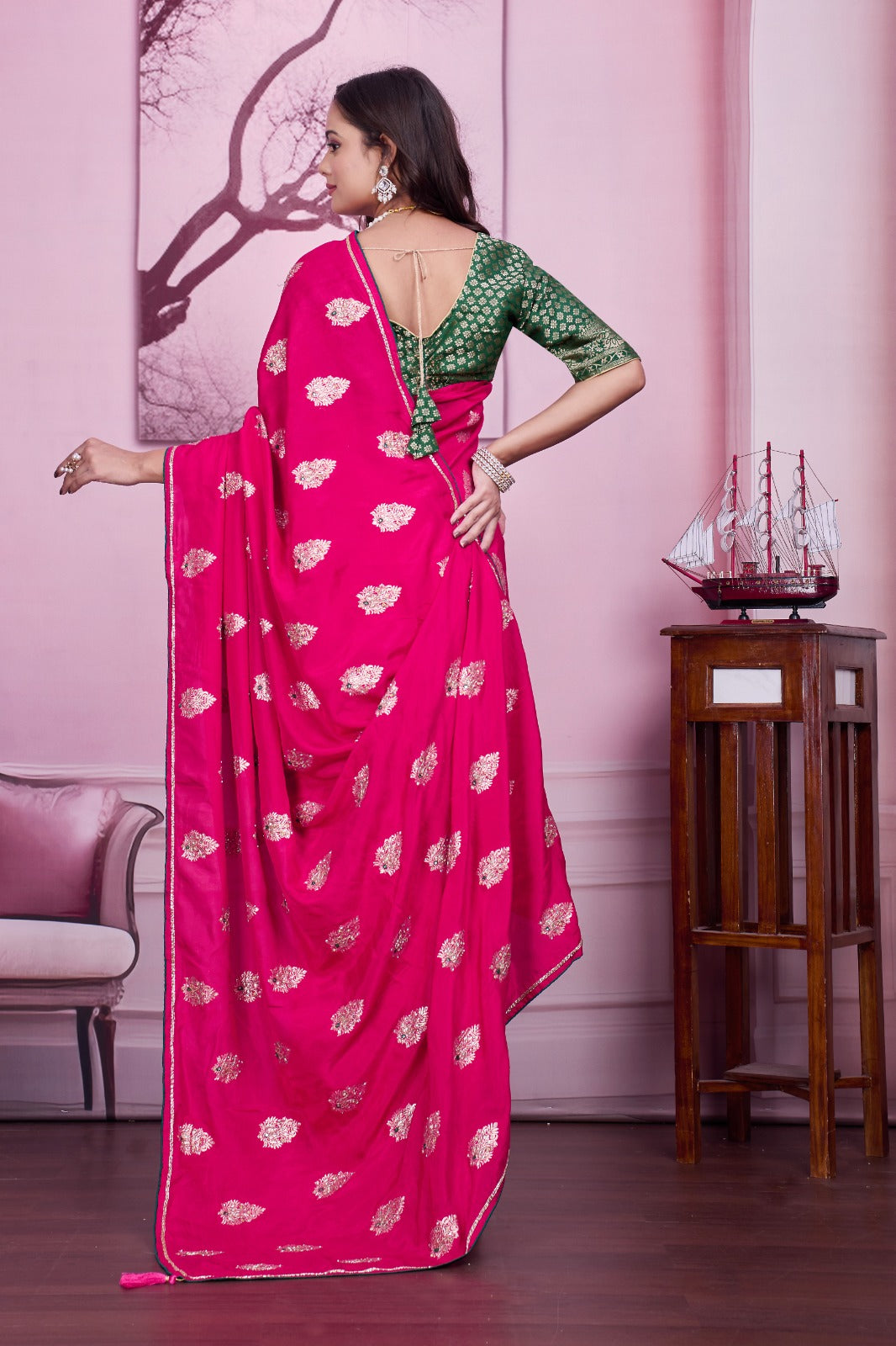 💗 Troika Fashion – Rani Pink Dola Silk MX Buta with Cutdana & Mirror Handwork