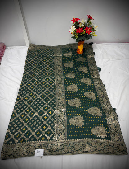 Troika Fashion – Dark Green Dola Silk Saree with Golden Mina Work & Elegant Woven Patterns