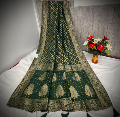 Troika Fashion – Dark Green Dola Silk Saree with Golden Mina Work & Elegant Woven Patterns