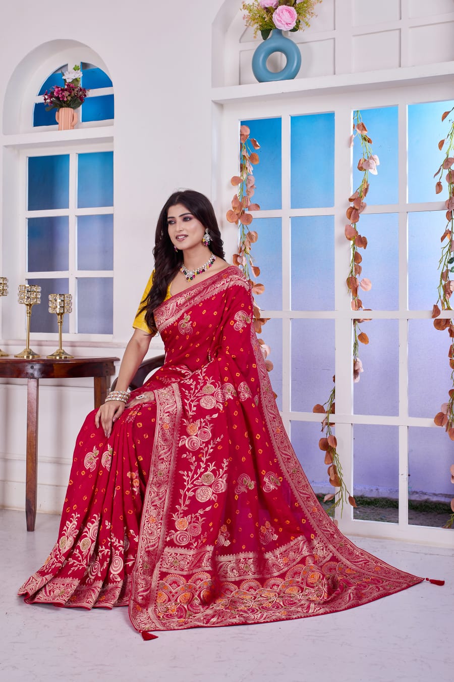 ❤️ Troika Fashion – Rani Red Dola Silk Weaving Zari Bandhej Meena Work Saree