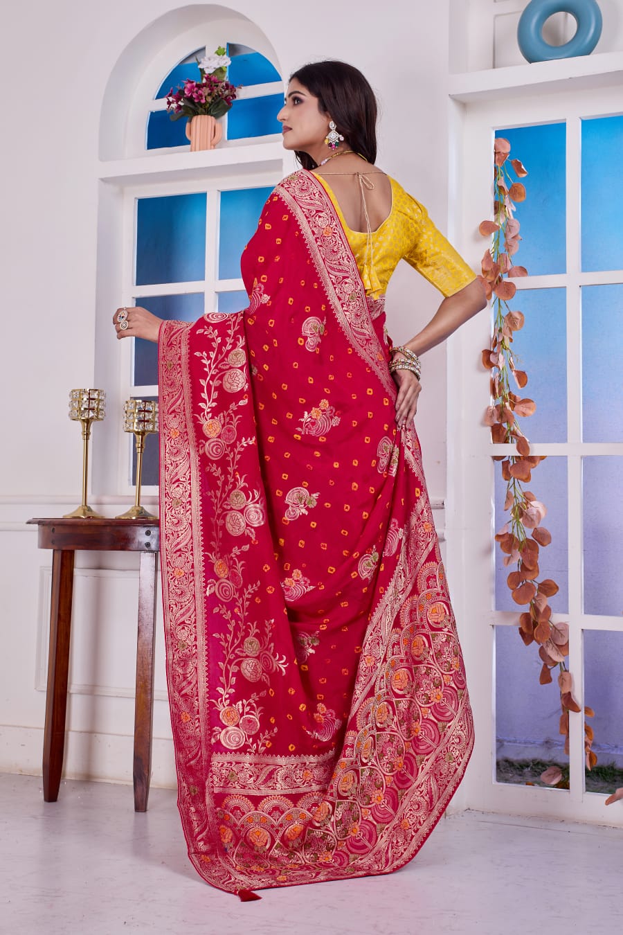 ❤️ Troika Fashion – Rani Red Dola Silk Weaving Zari Bandhej Meena Work Saree