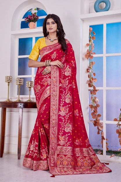 ❤️ Troika Fashion – Rani Red Dola Silk Weaving Zari Bandhej Meena Work Saree