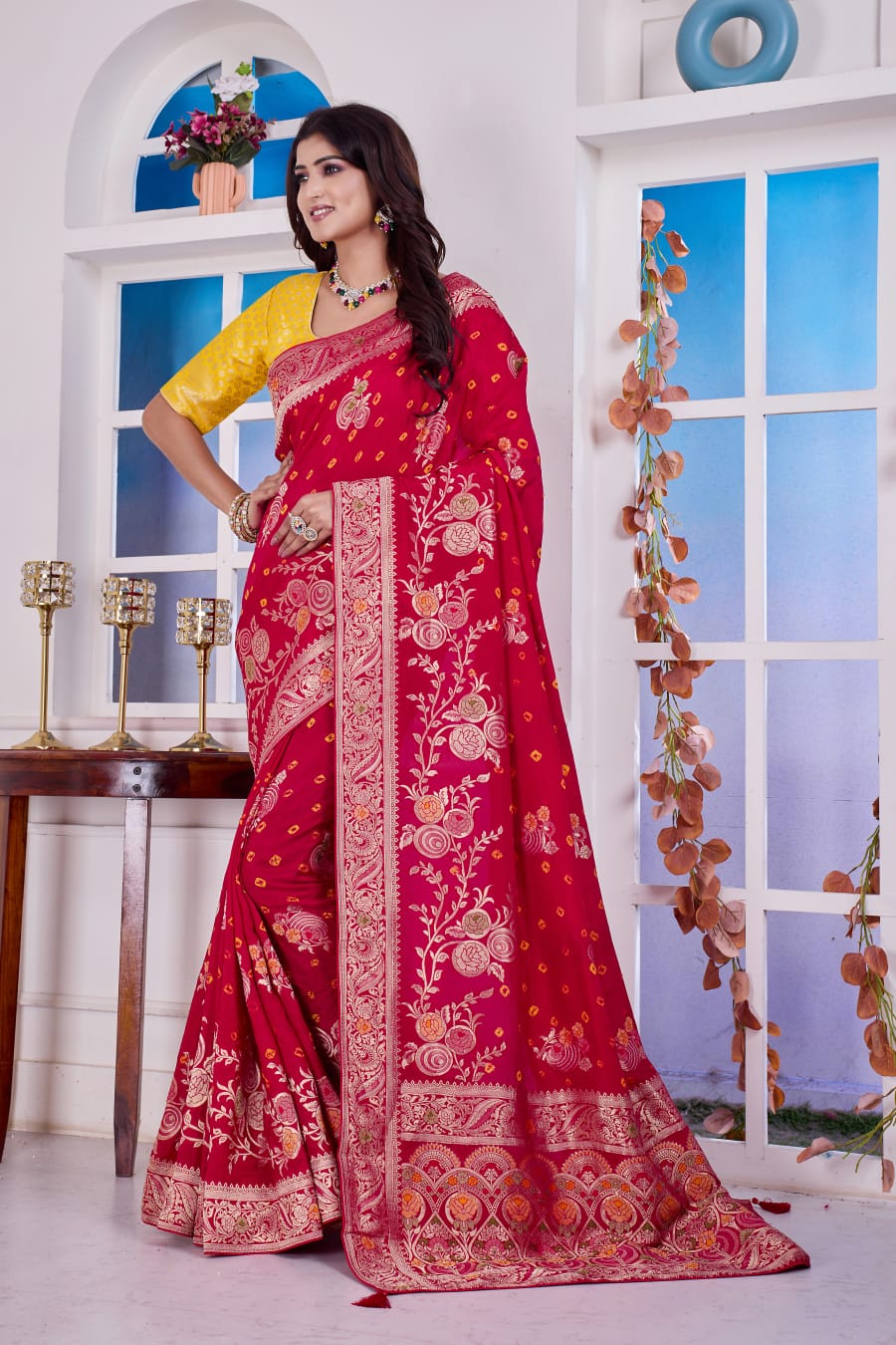 ❤️ Troika Fashion – Rani Red Dola Silk Weaving Zari Bandhej Meena Work Saree