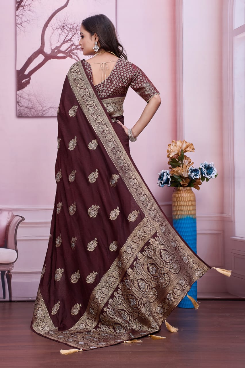🤎 Troika Fashion – Royal Wine Brown Dola Silk Saree with Zarkan & Siroski Handwork