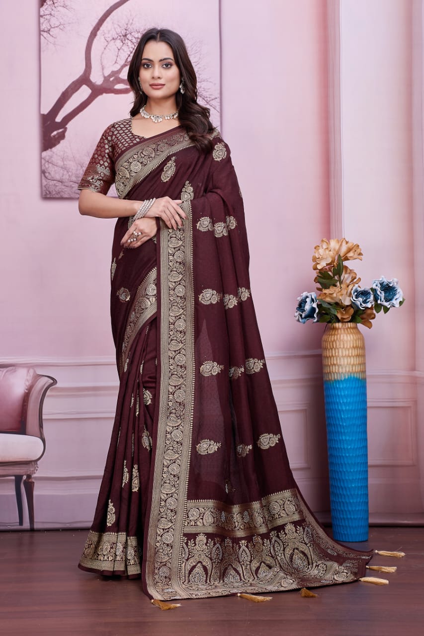 🤎 Troika Fashion – Royal Wine Brown Dola Silk Saree with Zarkan & Siroski Handwork