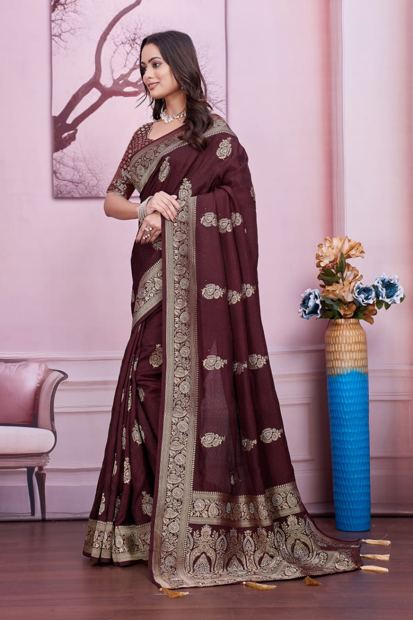 🤎 Troika Fashion – Royal Wine Brown Dola Silk Saree with Zarkan & Siroski Handwork