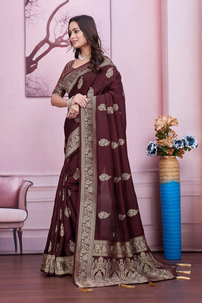 🤎 Troika Fashion – Royal Wine Brown Dola Silk Saree with Zarkan & Siroski Handwork