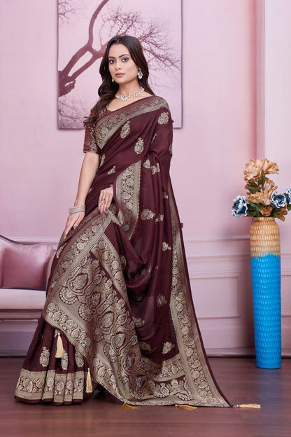 🤎 Troika Fashion – Royal Wine Brown Dola Silk Saree with Zarkan & Siroski Handwork