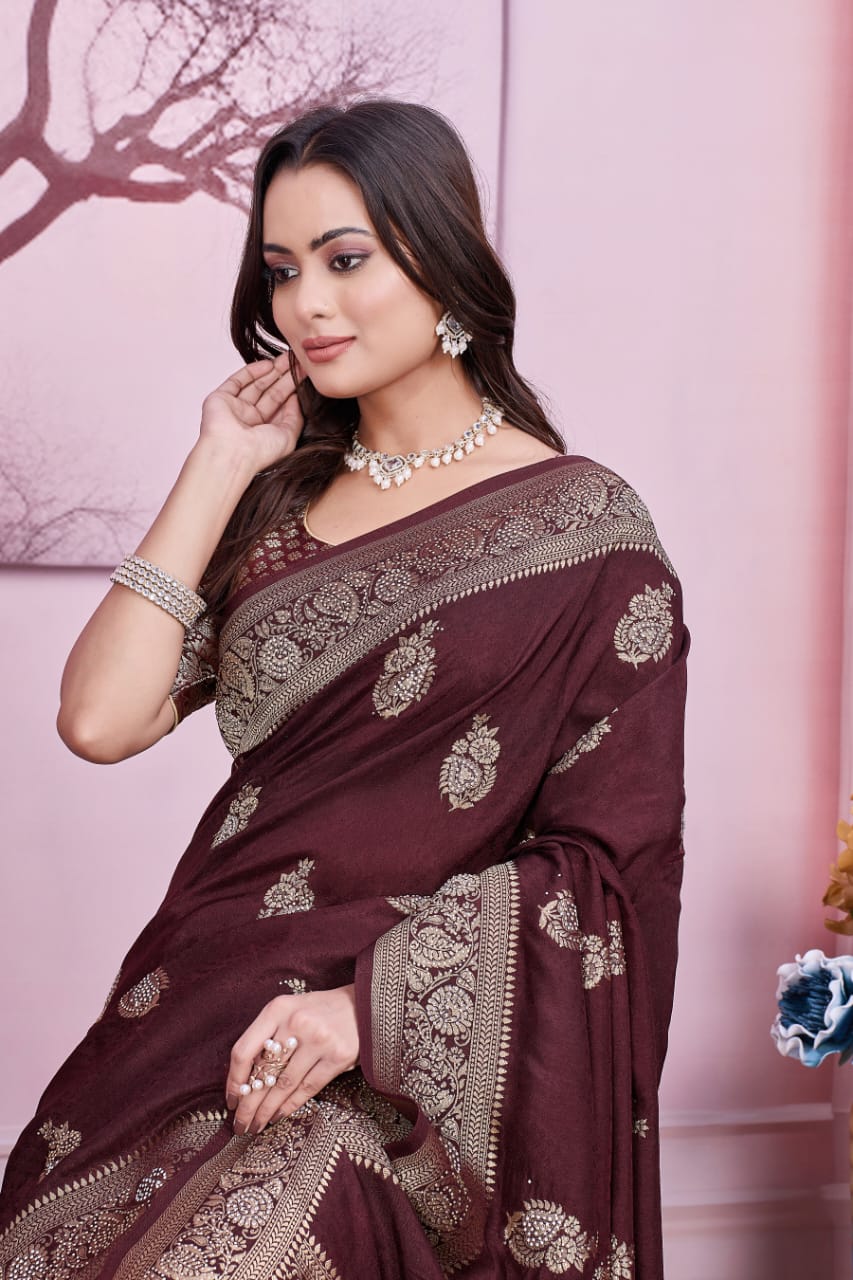 🤎 Troika Fashion – Royal Wine Brown Dola Silk Saree with Zarkan & Siroski Handwork
