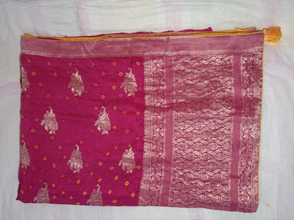 Troika Fashion – Bright Pink Dola Silk Bandhej Saree with Zari Weaving & Buta Work Saree