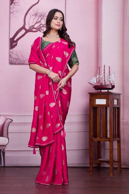 💗 Troika Fashion – Rani Pink Dola Silk MX Buta with Cutdana & Mirror Handwork