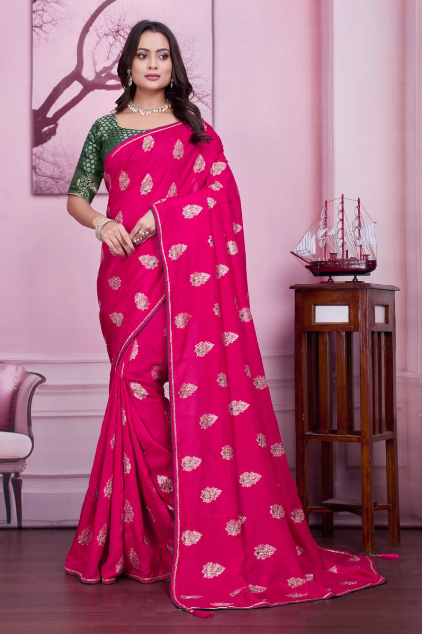 💗 Troika Fashion – Rani Pink Dola Silk MX Buta with Cutdana & Mirror Handwork
