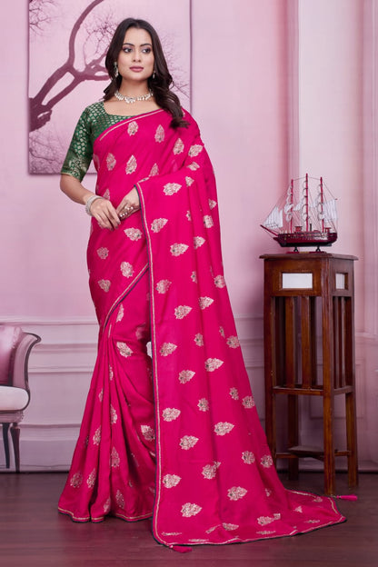 💗 Troika Fashion – Rani Pink Dola Silk MX Buta with Cutdana & Mirror Handwork