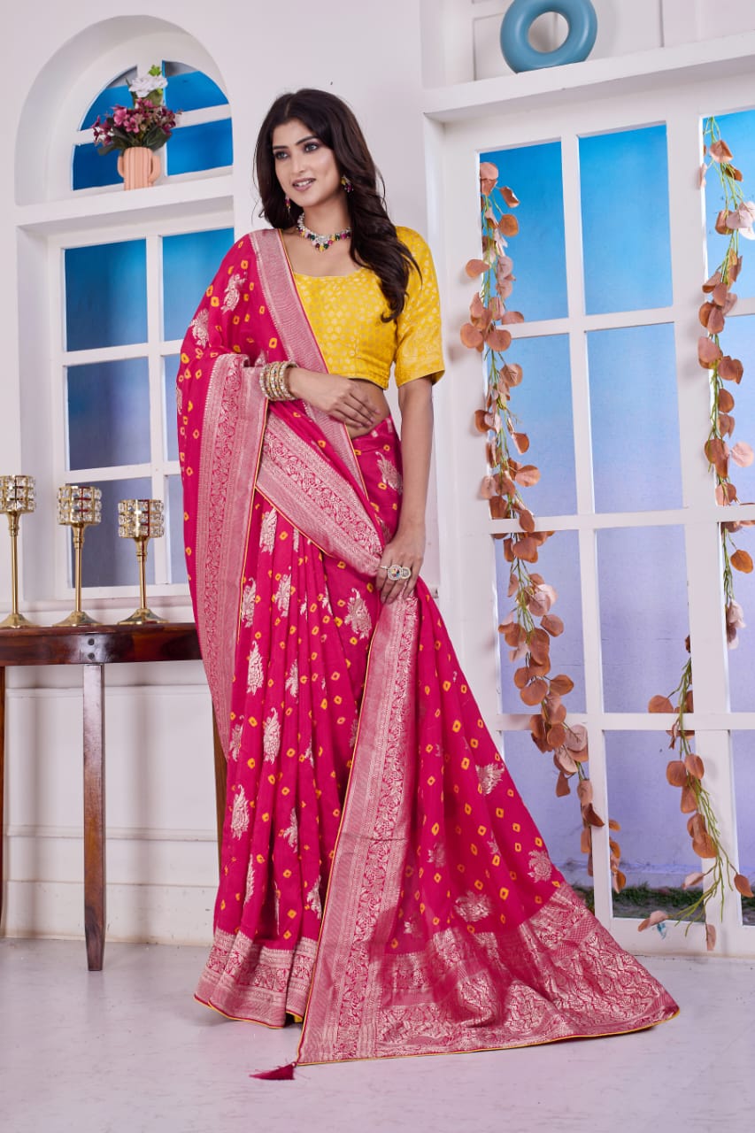 Troika Fashion – Bright Pink Dola Silk Bandhej Saree with Zari Weaving & Buta Work Saree