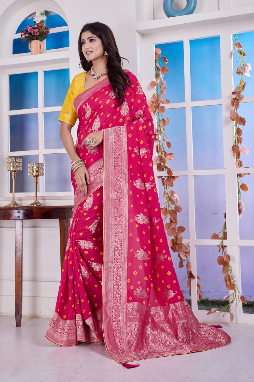 Troika Fashion – Bright Pink Dola Silk Bandhej Saree with Zari Weaving & Buta Work Saree