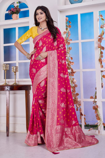 Troika Fashion – Bright Pink Dola Silk Bandhej Saree with Zari Weaving & Buta Work Saree