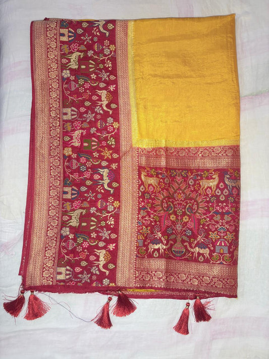 Yellow & Red Dola Silk Meena Multi-Color Zari Two Dye Saree with Full Meena Weaving Blouse