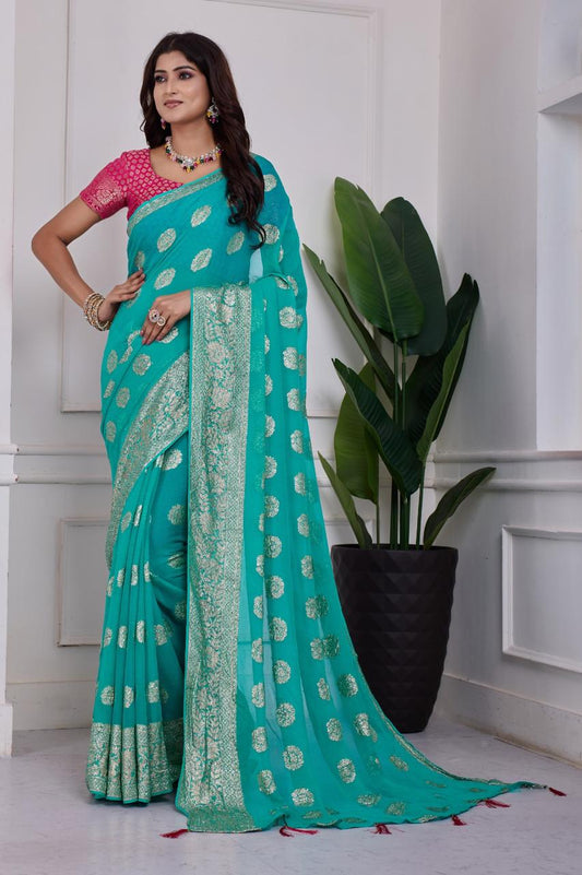 💚 Troika Fashion – Aqua Blue Georgette MX Plain Saree with Zari Border