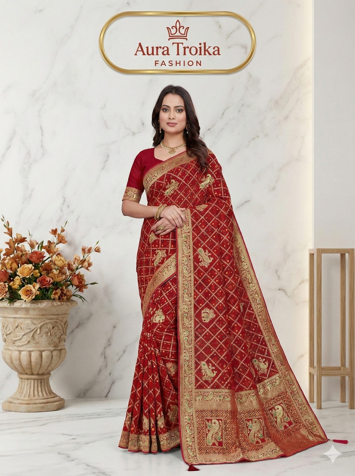 ❤️ Troika Fashion –  Deep Maroon  Georgette Khadi Handwork Meena Saree