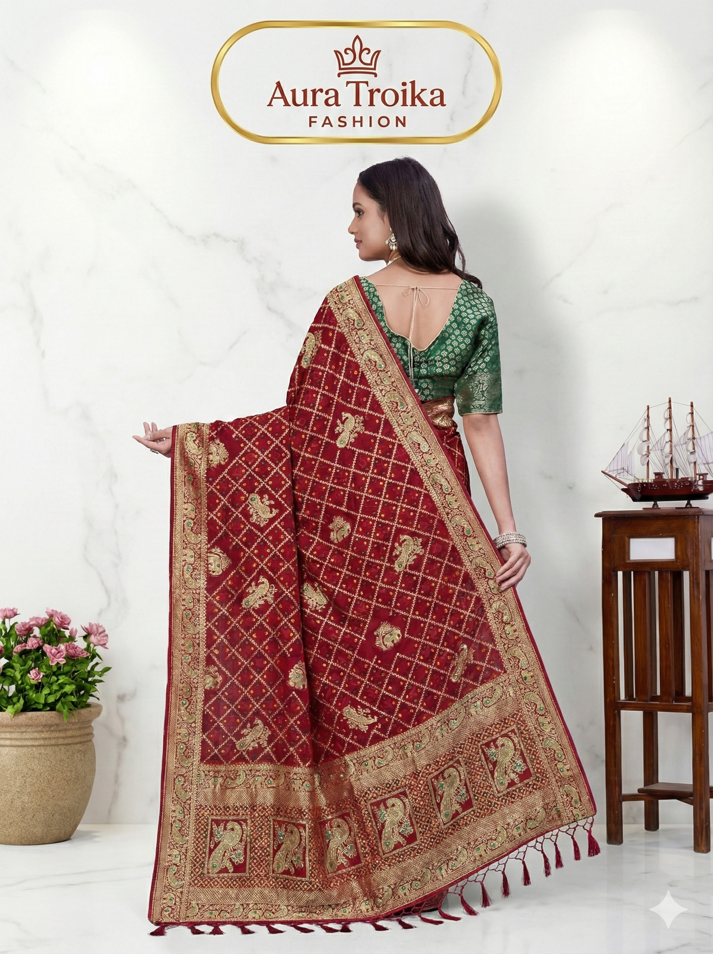 ❤️ Troika Fashion –  Deep Maroon  Georgette Khadi Handwork Meena Saree